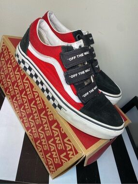 Vans Old Skool Velcro Sneakers - Red, Black, White with Checkerboard